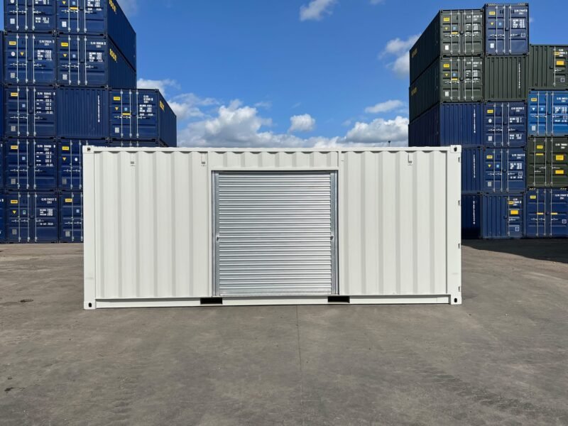 20ft custom one trip shipping container – roller shutter & ral 7035 respray