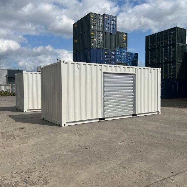 20ft custom one trip shipping container – roller shutter & ral 7035 respray
