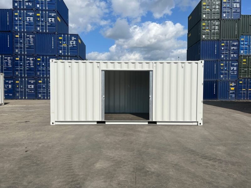 20ft custom one trip shipping container – roller shutter & ral 7035 respray
