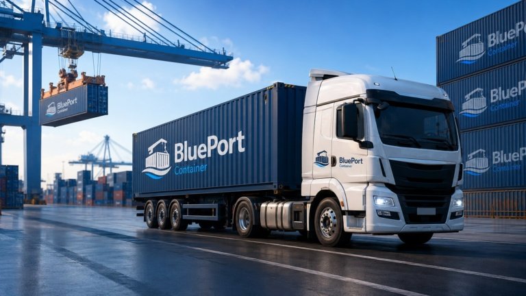 BluePort Container branded lorry collecting a 40ft shipping container at a UK port